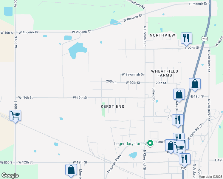 map of restaurants, bars, coffee shops, grocery stores, and more near 310 Pinewood Court in Huntingburg
