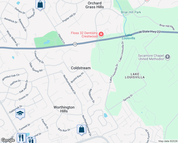 map of restaurants, bars, coffee shops, grocery stores, and more near 12404 Bristol Bay Place in Louisville
