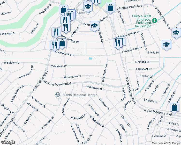 map of restaurants, bars, coffee shops, grocery stores, and more near 41 W Cokedale Dr in Pueblo