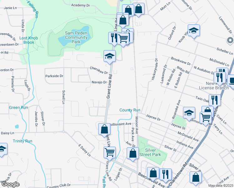 map of restaurants, bars, coffee shops, grocery stores, and more near 2636 Grant Line Road in New Albany
