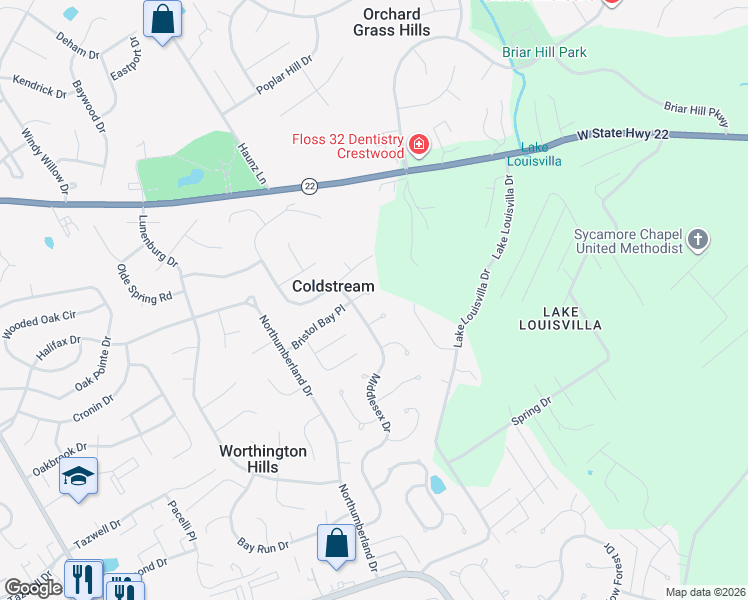 map of restaurants, bars, coffee shops, grocery stores, and more near 12404 Bristol Bay Place in Louisville