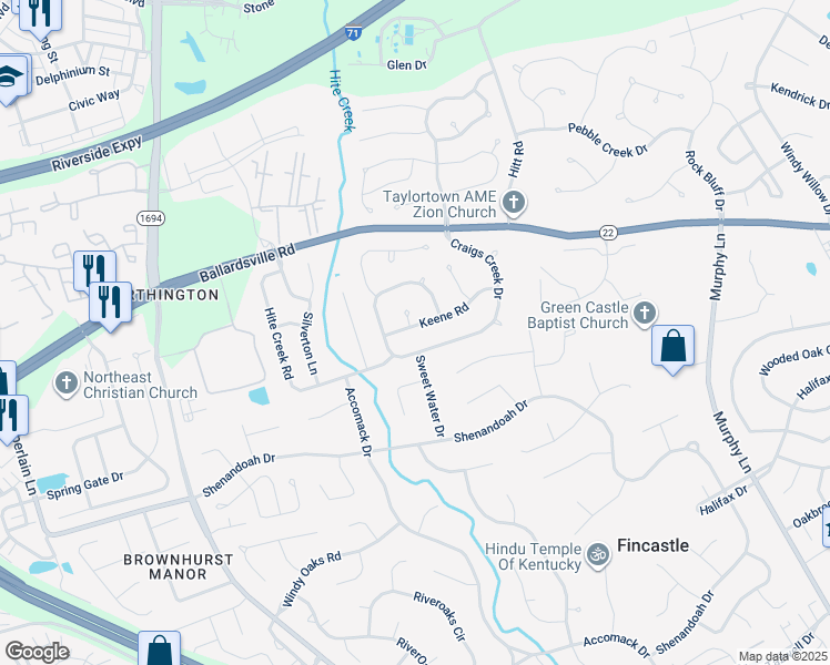 map of restaurants, bars, coffee shops, grocery stores, and more near 10908 Keene Road in Louisville