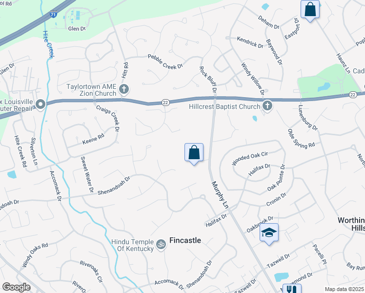 map of restaurants, bars, coffee shops, grocery stores, and more near 4970 Murphy Lane in Louisville