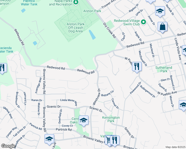 map of restaurants, bars, coffee shops, grocery stores, and more near 2777 Redwood Road in Napa