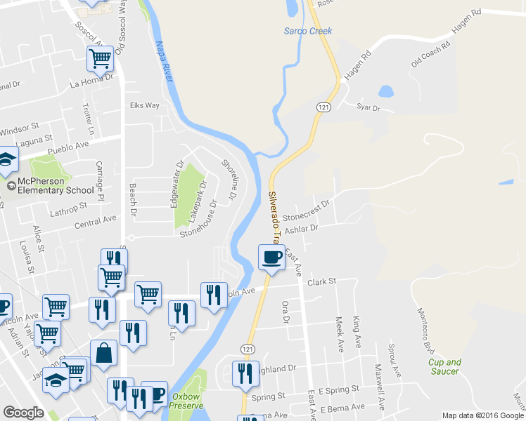 map of restaurants, bars, coffee shops, grocery stores, and more near 1803 Silverado Trail in Napa