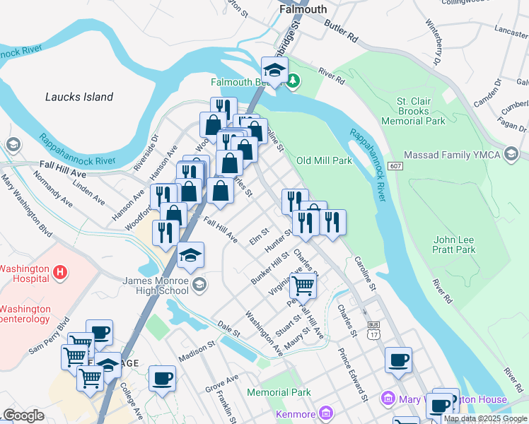 map of restaurants, bars, coffee shops, grocery stores, and more near Germania Street in Fredericksburg