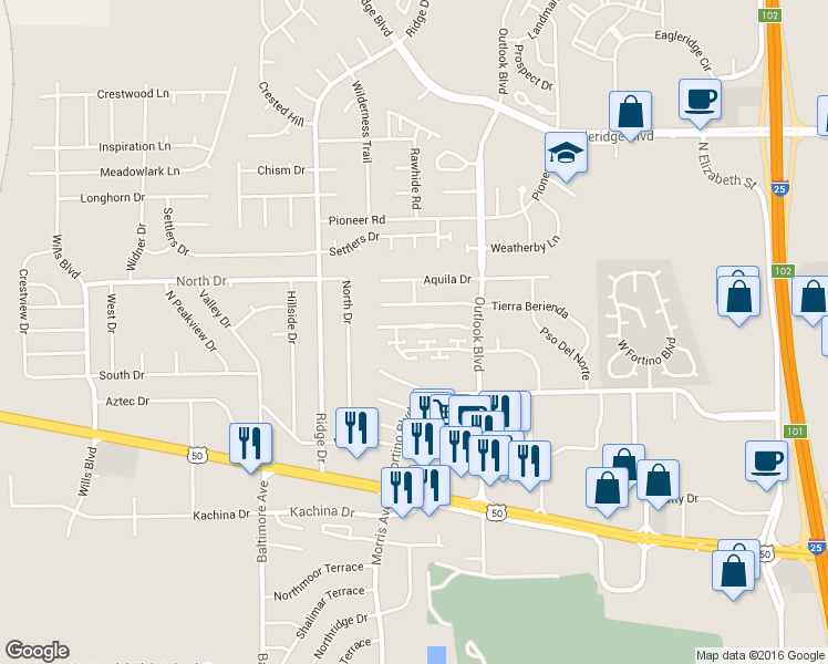 map of restaurants, bars, coffee shops, grocery stores, and more near 1724 Paseo Del Tesoro in Pueblo
