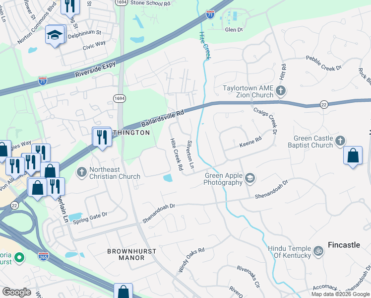 map of restaurants, bars, coffee shops, grocery stores, and more near 5121 Silverton Lane in Louisville