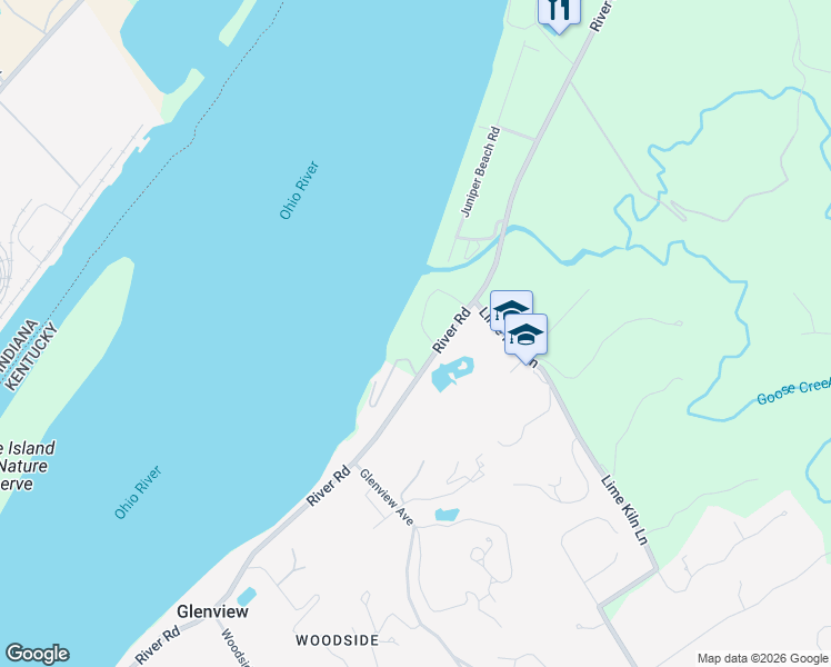 map of restaurants, bars, coffee shops, grocery stores, and more near 5111 River Road in Louisville