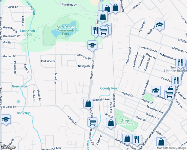 map of restaurants, bars, coffee shops, grocery stores, and more near 2632 Grant Line Road in New Albany