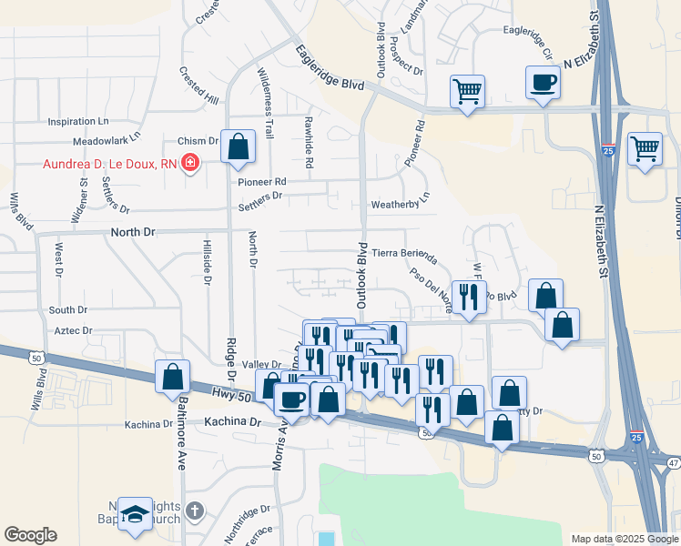 map of restaurants, bars, coffee shops, grocery stores, and more near 1708 Paseo Del Tesoro in Pueblo