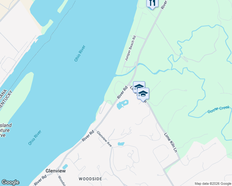 map of restaurants, bars, coffee shops, grocery stores, and more near 5111 River Road in Louisville