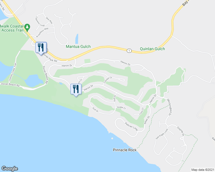 map of restaurants, bars, coffee shops, grocery stores, and more near 21098 Heron Drive in Bodega Bay