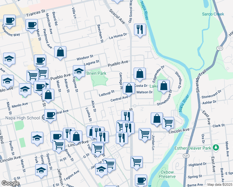 map of restaurants, bars, coffee shops, grocery stores, and more near 737 Lathrop Street in Napa