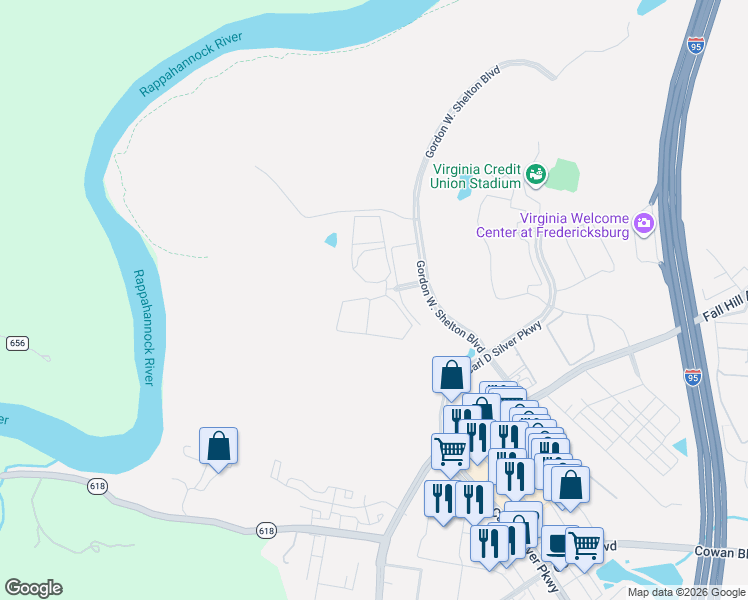 map of restaurants, bars, coffee shops, grocery stores, and more near Dogwood Drive in Fredericksburg