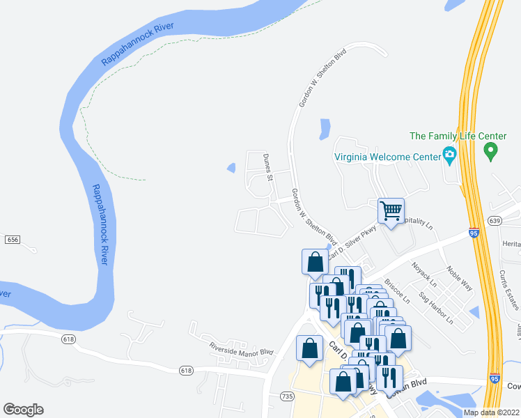 map of restaurants, bars, coffee shops, grocery stores, and more near 1996 Dogwood Drive in Fredericksburg