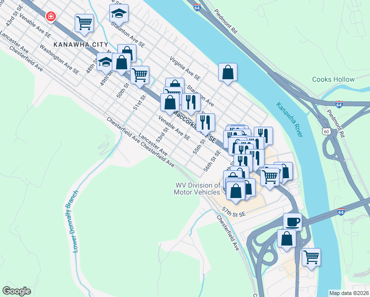 map of restaurants, bars, coffee shops, grocery stores, and more near 5410 Washington Ave SE in Charleston
