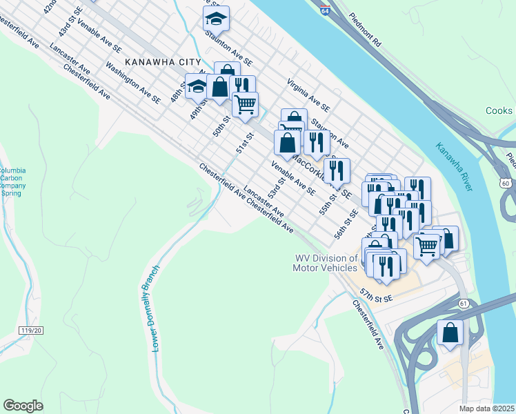 map of restaurants, bars, coffee shops, grocery stores, and more near 5285 Chesterfield Avenue in Charleston