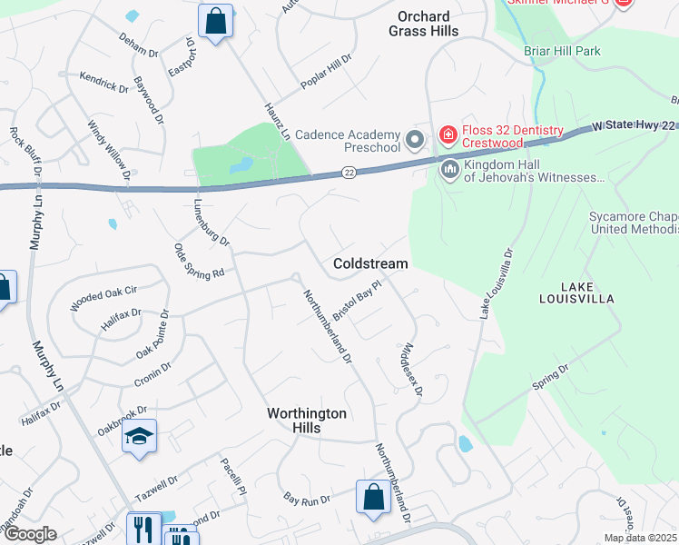 map of restaurants, bars, coffee shops, grocery stores, and more near 4955 Winding Spring Circle in Louisville