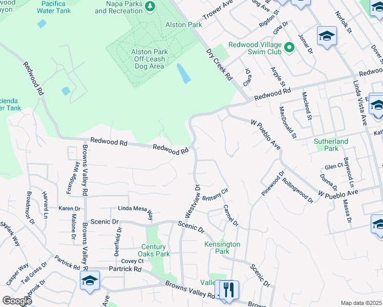map of restaurants, bars, coffee shops, grocery stores, and more near 2777 Redwood Road in Napa