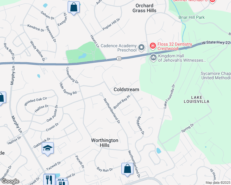 map of restaurants, bars, coffee shops, grocery stores, and more near 4955 Winding Spring Circle in Louisville