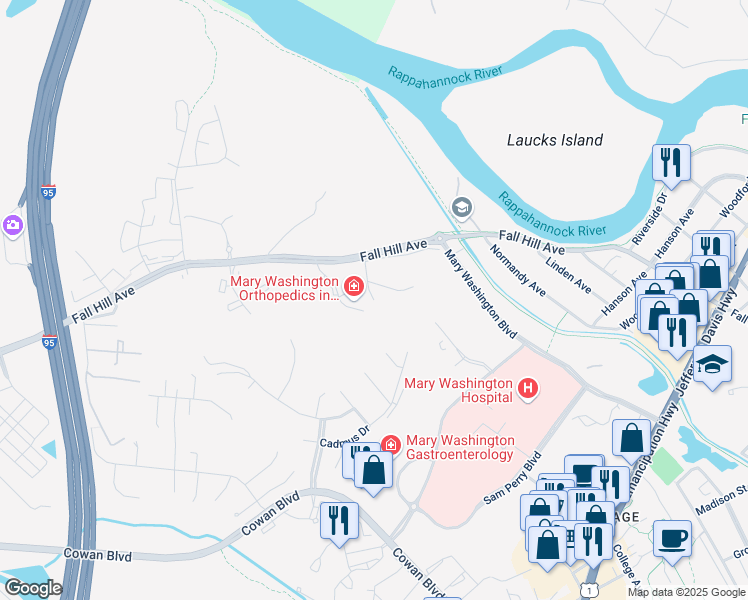 map of restaurants, bars, coffee shops, grocery stores, and more near 1325 Forest Village in Fredericksburg