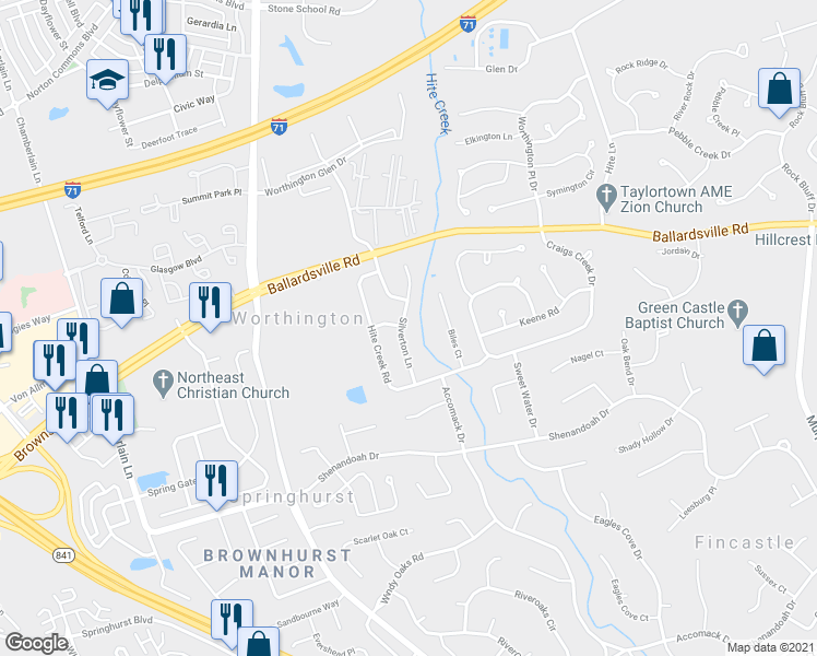 map of restaurants, bars, coffee shops, grocery stores, and more near 5121 Silverton Lane in Louisville