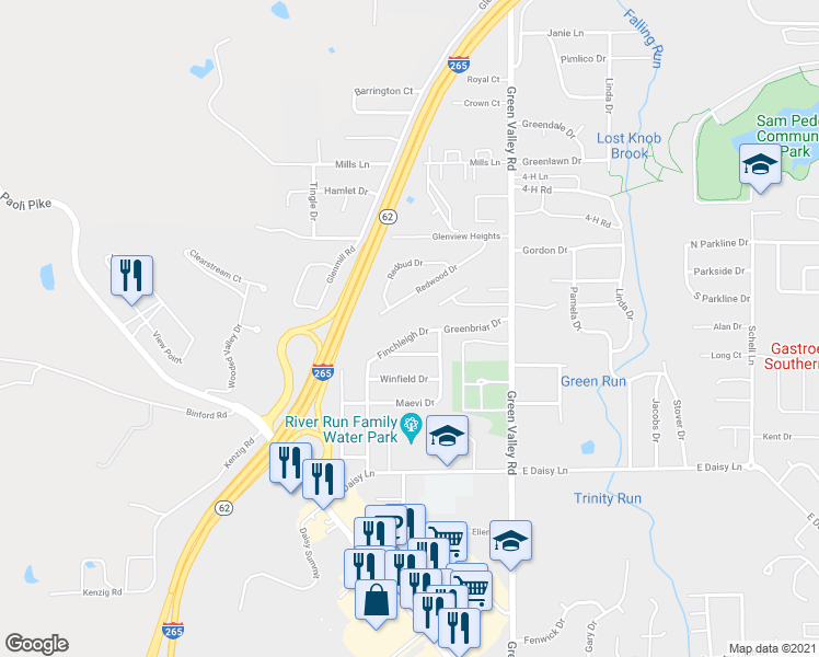 map of restaurants, bars, coffee shops, grocery stores, and more near 214 Finchleigh Drive in New Albany