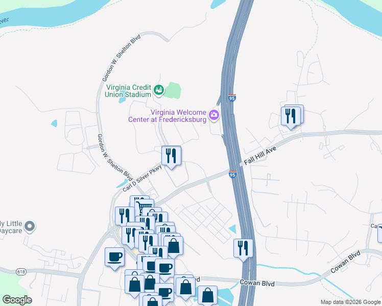 map of restaurants, bars, coffee shops, grocery stores, and more near 1040 Hospitality Lane in Fredericksburg
