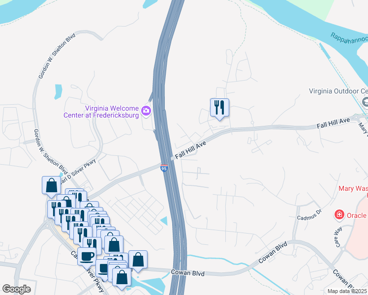 map of restaurants, bars, coffee shops, grocery stores, and more near 116 Hughey Court in Fredericksburg