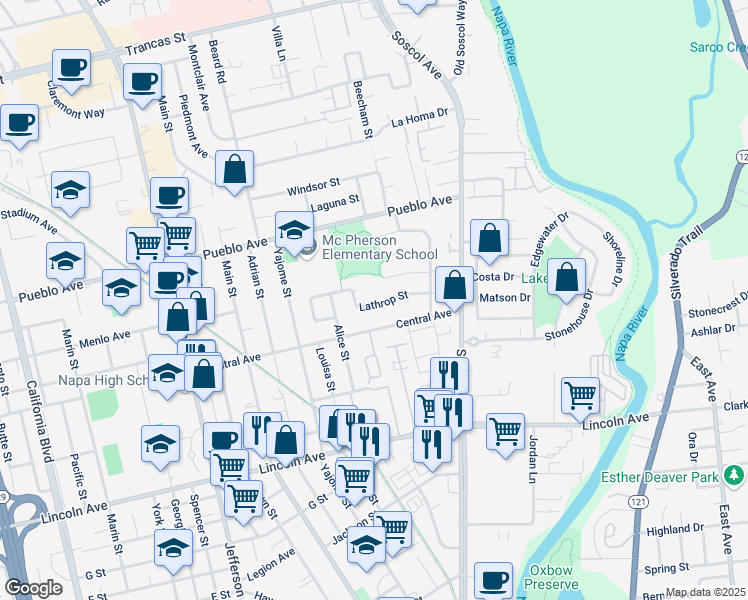 map of restaurants, bars, coffee shops, grocery stores, and more near 762 Lathrop Street in Napa