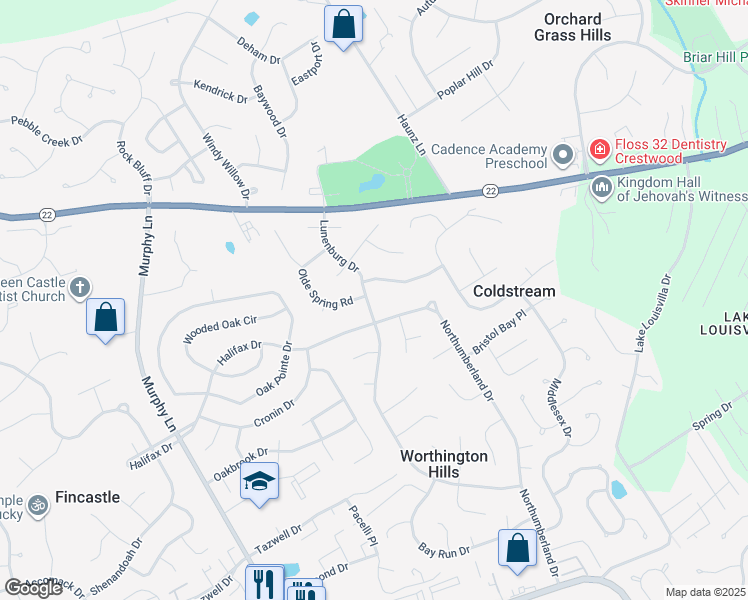map of restaurants, bars, coffee shops, grocery stores, and more near 4805 Lunenburg Drive in Louisville
