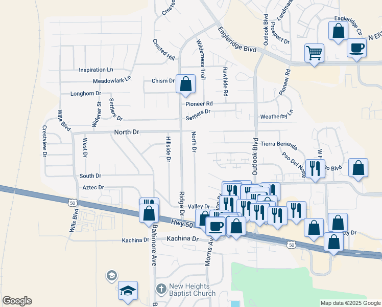 map of restaurants, bars, coffee shops, grocery stores, and more near 4031 North Drive in Pueblo