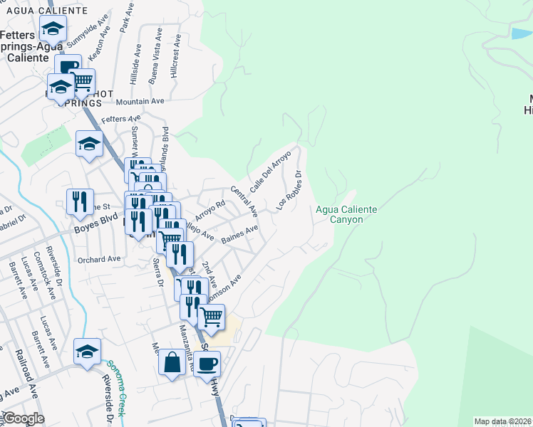map of restaurants, bars, coffee shops, grocery stores, and more near 888 Los Robles Drive in Sonoma