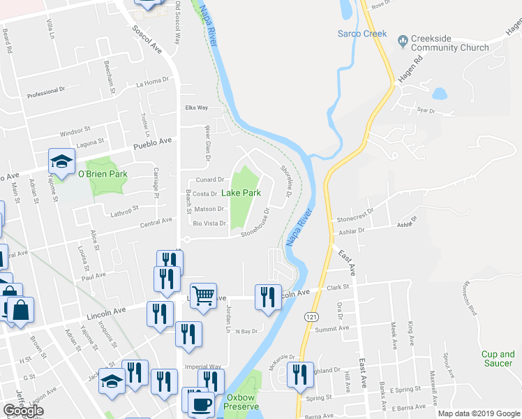 map of restaurants, bars, coffee shops, grocery stores, and more near 2329 Stonehouse Drive in Napa