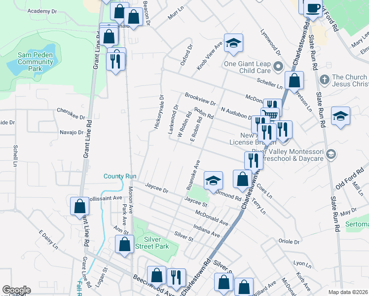 map of restaurants, bars, coffee shops, grocery stores, and more near 1905 Twin Oaks Drive in New Albany