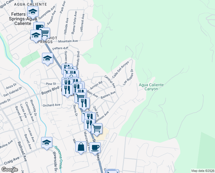map of restaurants, bars, coffee shops, grocery stores, and more near 898 Arroyo Road in Sonoma