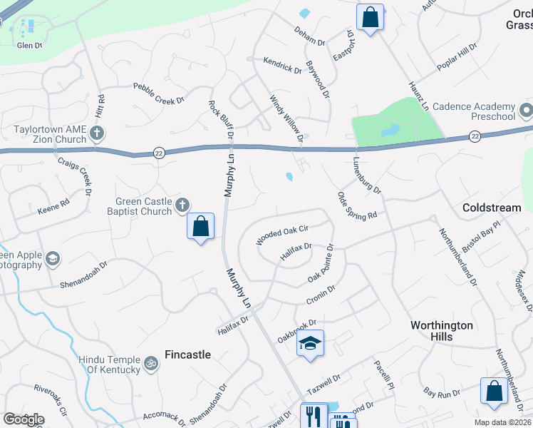 map of restaurants, bars, coffee shops, grocery stores, and more near 4705 Oak Pointe Drive in Louisville