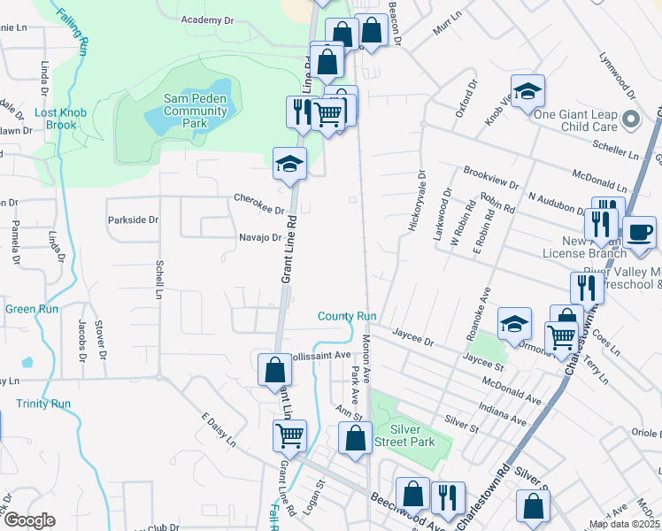 map of restaurants, bars, coffee shops, grocery stores, and more near 2636 Grant Line Road in New Albany