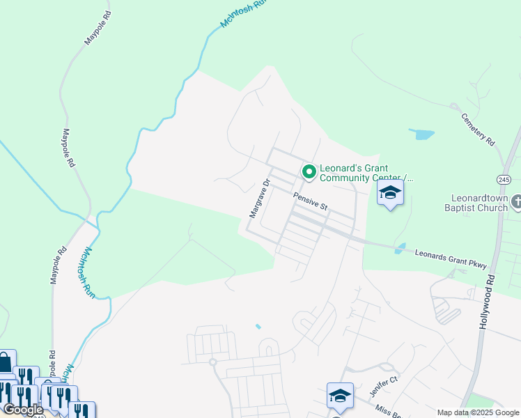 map of restaurants, bars, coffee shops, grocery stores, and more near 23620 Margrave Drive in Leonardtown