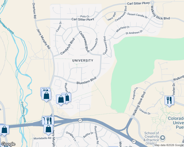 map of restaurants, bars, coffee shops, grocery stores, and more near 4 Silverweed Court in Pueblo