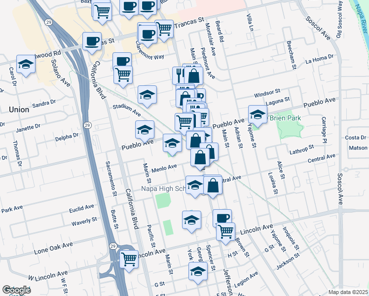 map of restaurants, bars, coffee shops, grocery stores, and more near 1340 Menlo Avenue in Napa