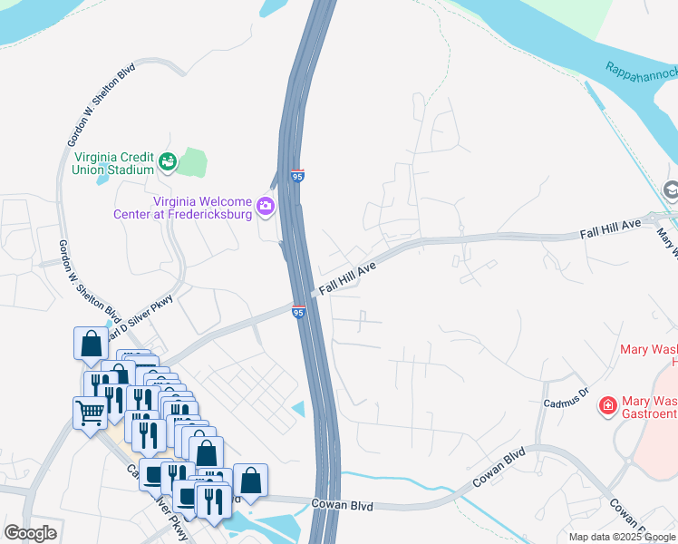 map of restaurants, bars, coffee shops, grocery stores, and more near 110 Hughey Court in Fredericksburg