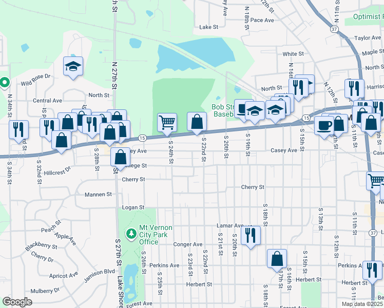 map of restaurants, bars, coffee shops, grocery stores, and more near 2209 Casey Avenue in Mount Vernon