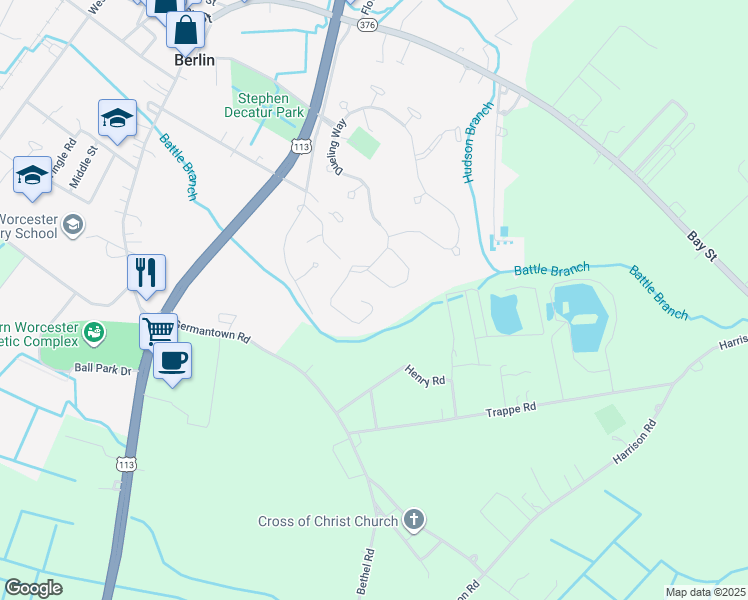 map of restaurants, bars, coffee shops, grocery stores, and more near 114 Intrepid Lane in Berlin
