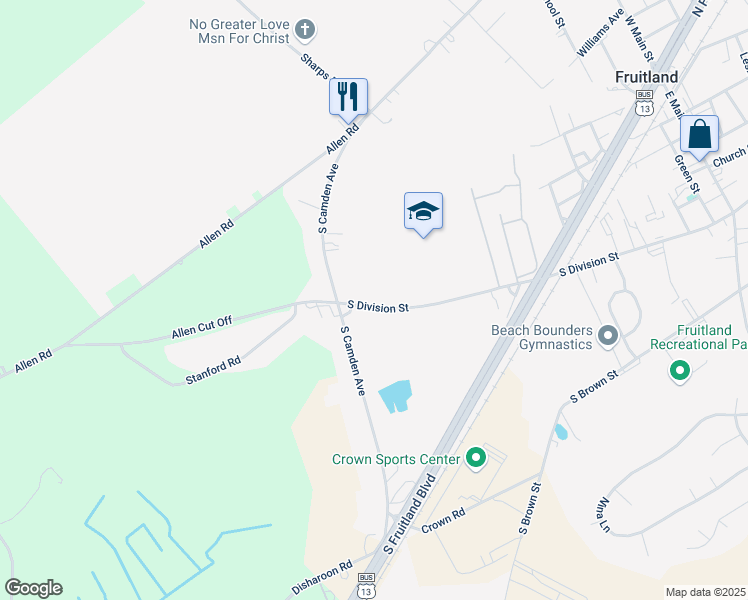 map of restaurants, bars, coffee shops, grocery stores, and more near 612 South Division Street in Fruitland