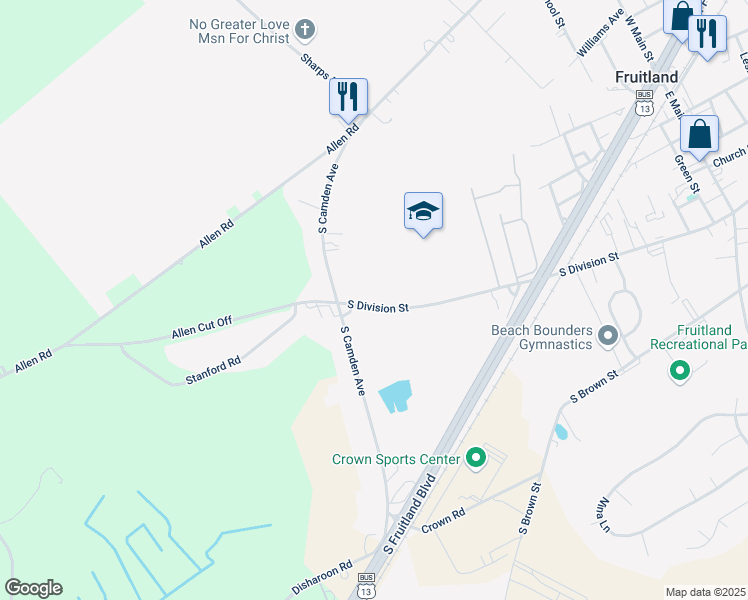 map of restaurants, bars, coffee shops, grocery stores, and more near 612 South Division Street in Fruitland