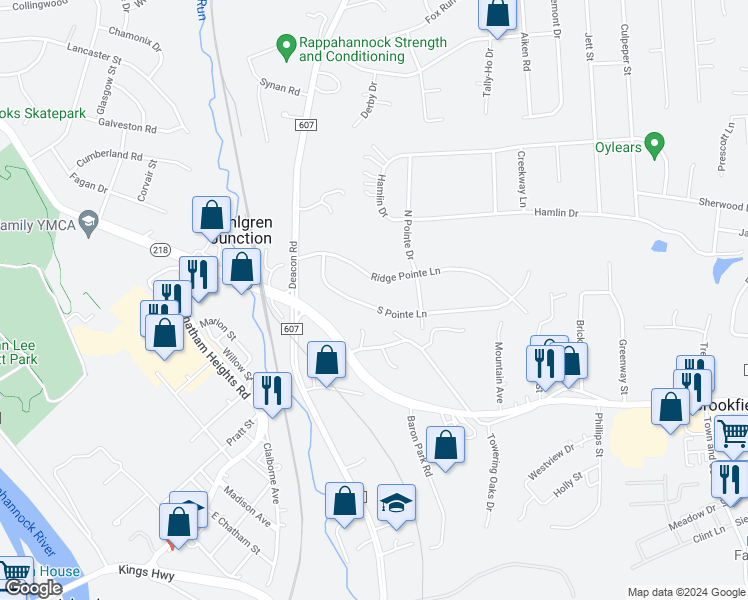 map of restaurants, bars, coffee shops, grocery stores, and more near 17 South Pointe Lane in Fredericksburg