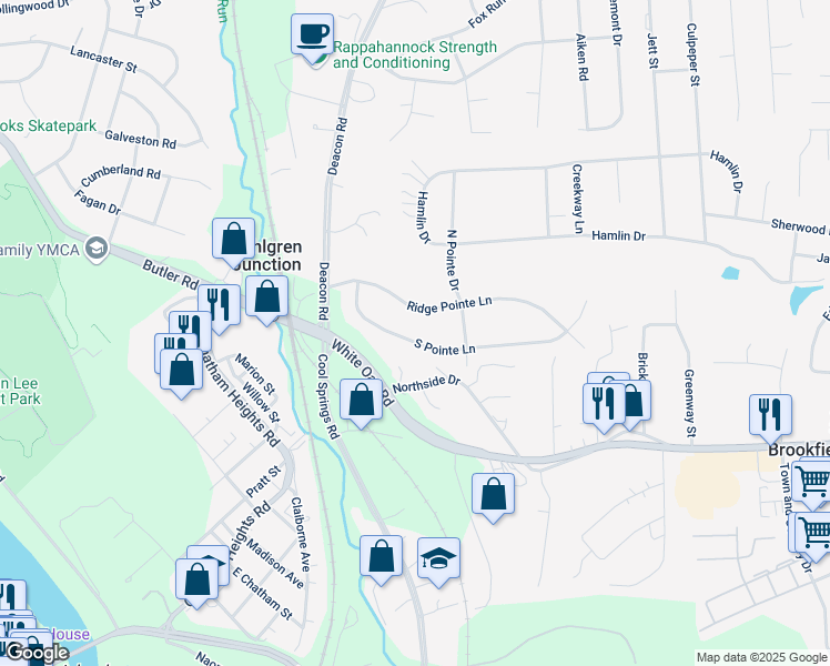 map of restaurants, bars, coffee shops, grocery stores, and more near 17 South Pointe Lane in Fredericksburg