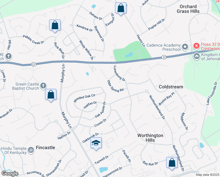 map of restaurants, bars, coffee shops, grocery stores, and more near 11820 Olde Spring Road in Louisville